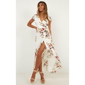 Showpo. Wrap and Cross Maxi Dress in White Print